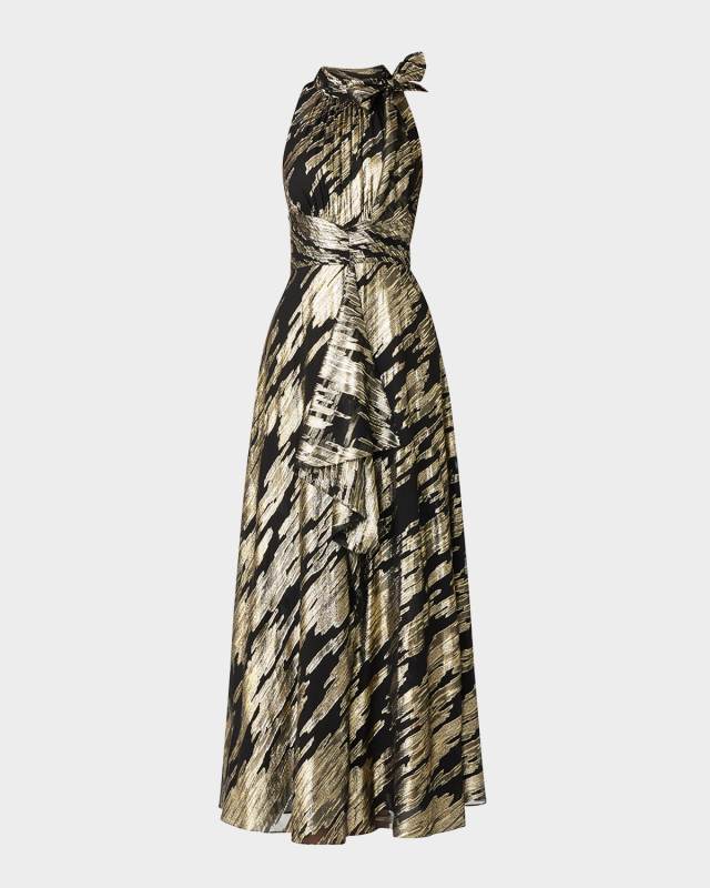 Faye Draped Metallic Jacquard Halter Gown